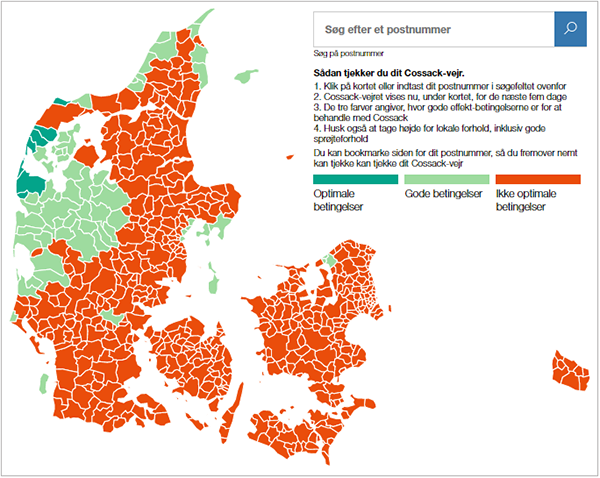 Danmarks kort der viser Cossack-Vejret på postnummerniveau